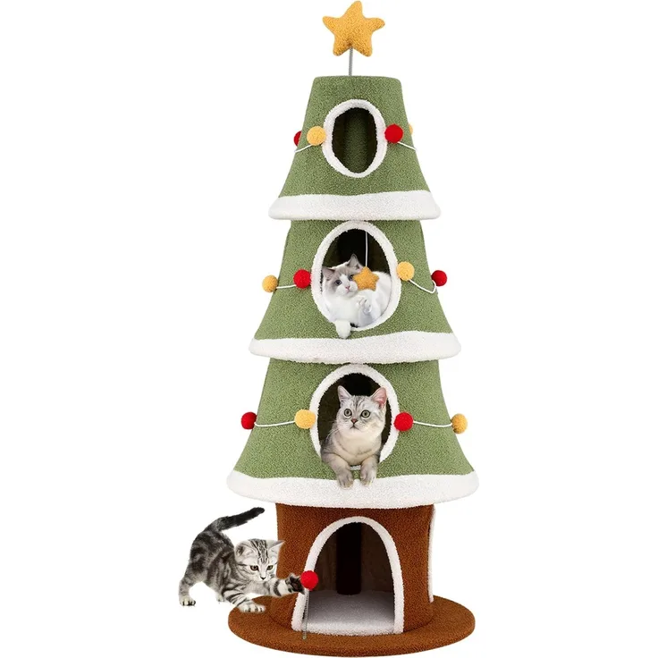 Northix Weihnachtskatzenbaum, 154 cm hoher Kratzbaum mit 4 gemütlichen Höhlen und Sisalteppich, braun