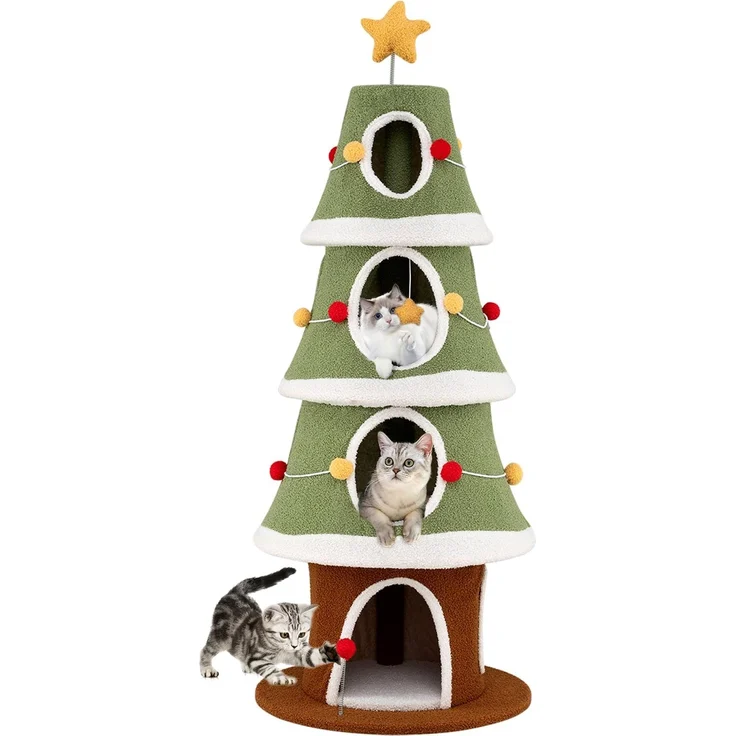 Northix Weihnachtskatzenbaum, 154 cm hoher Kratzbaum mit 4 gemütlichen Höhlen und Sisalteppich, braun