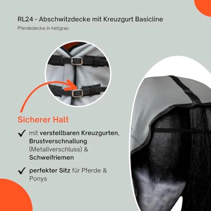 RL24 Abschwitzdecke Basicline, atmungsaktive Fleecedecke mit Kreuzgurt und Widerristpolster, in Hellgrau – 55cm – Bild 4