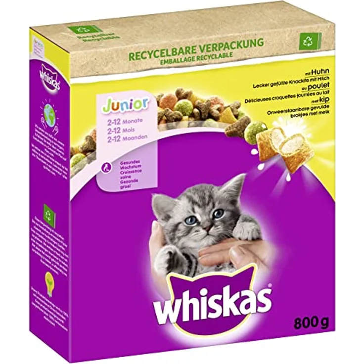 WHISKAS® Trockenfutter Junior mit Huhn, 800g - Mit gefüllten Knackits und Nährstoffen für gesunde Entwicklung
