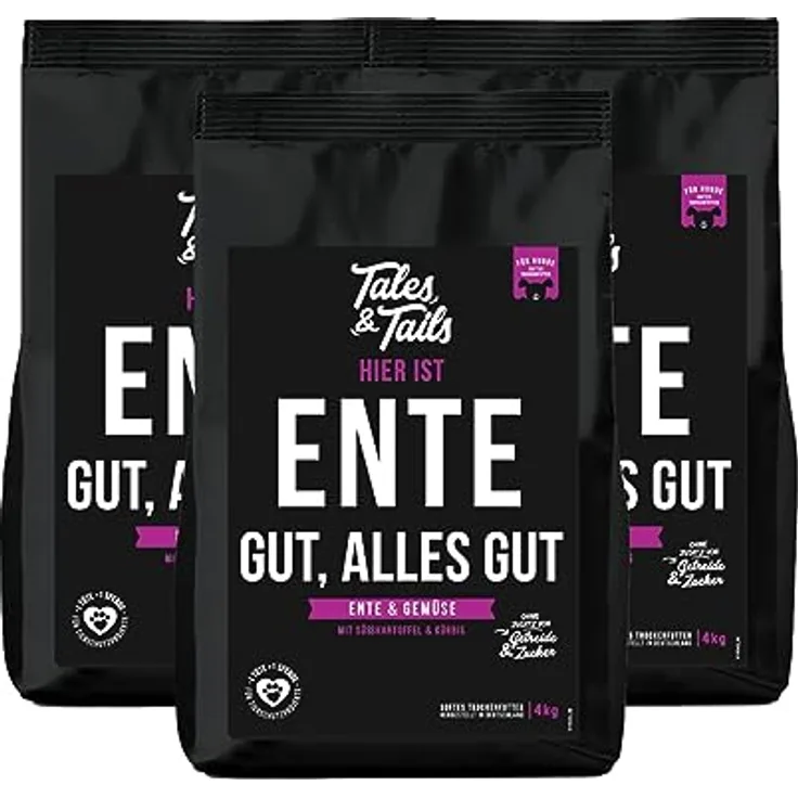 Tales & Tails Getreidefreies Softfutter für Hunde, 70% Ente als einzige tierische Proteinquelle, für Allergiker, 3x 4kg