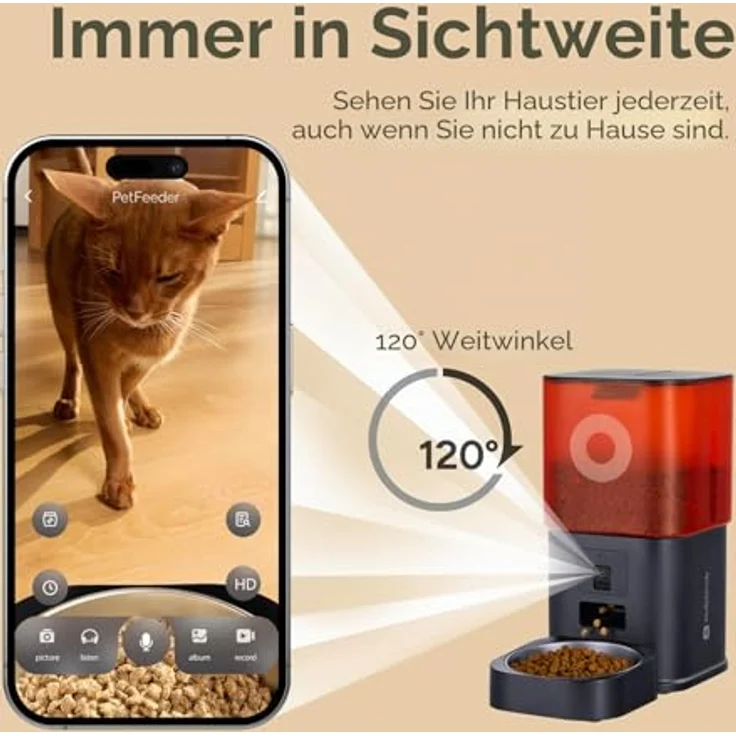 MOLLY&CODY Futterautomat Katze mit Kamera 6L, automatischer Futterspender für Katzen und Hunde, App-Steuerung, 2-Wege-Audio, Nachtsicht, Edelstahl-Schüssel (Weiß & Rot) – Bild 2
