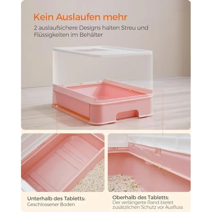 Feandrea Katzenklo PPT001P01, Katzentoilette mit Deckel, ausziehbarem Tablett, Schaufel und Bürste, auslaufsicher, für Katzen bis 15 kg, weiß-pastellrosa – Bild 4