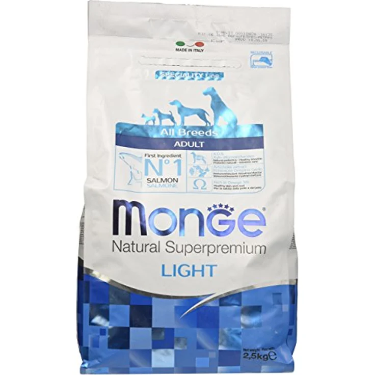 Monge Light Adult Salmon and Rice, Hundefutter für alle Rassen, Trockenfutter mit Lachs und Reis für reduzierten Energiebedarf, 2,5 kg – Bild 1