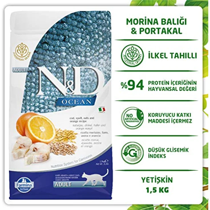 Farmina N&D Ocean Adult Pellets Katzenfutter, Trockenfutter mit Kabeljau, Dinkel, Hafer und Orange, 1,5 kg, ohne Mais, reich an Vitaminen und Antioxidantien – Bild 3