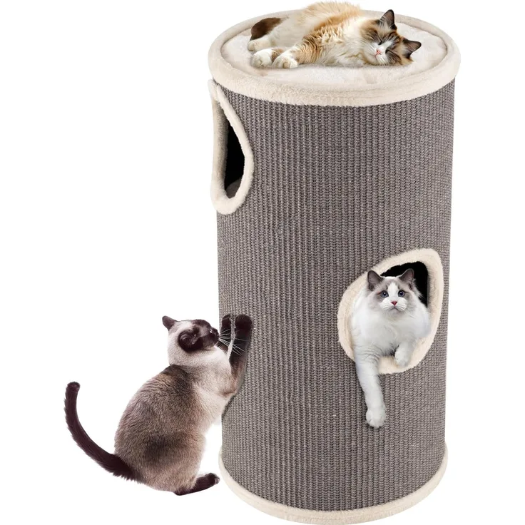 GOPLUS Kratztonne 3 Ebenen, 70 cm mit 3 Höhlen, Plüschbett und Liegefläche für kleine & mittelgroße Katzen, Ø 36 cm, Grau