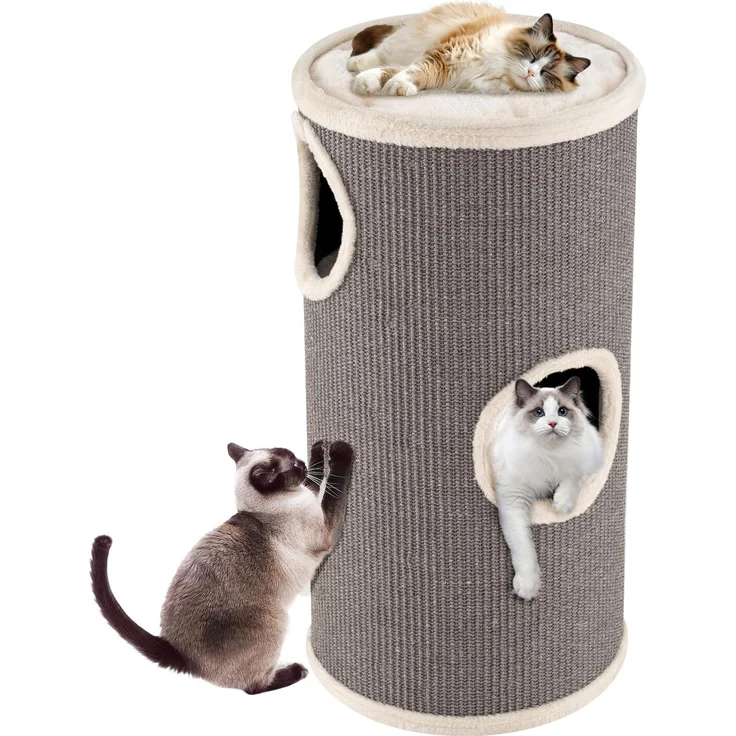 GOPLUS Kratztonne 3 Ebenen, 70 cm mit 3 Höhlen, Plüschbett und Liegefläche für kleine & mittelgroße Katzen, Ø 36 cm, Grau