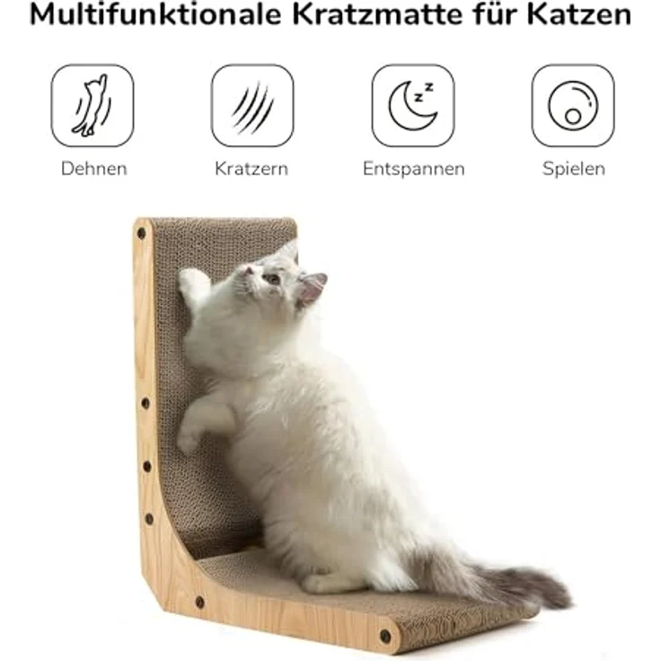 FUKUMARU Kratzbrett Katzen, 47 cm hohe L förmige Kratzpappe, widerstandsfähig Katzenkratzbrett mit Ballspielzeug, Kratzmöbel aus hochwertiger Karton für Wand und Ecke, Mittlere Größe – Bild 3