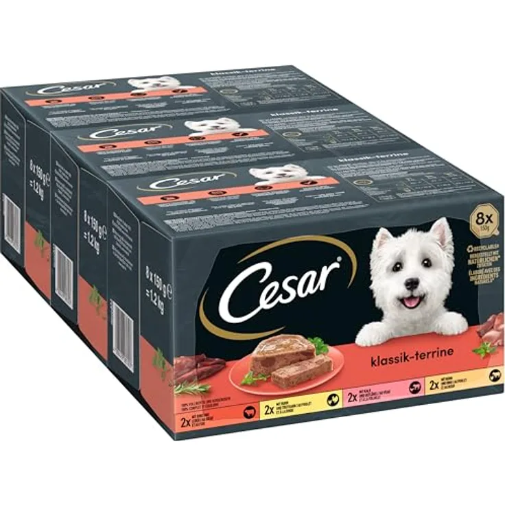 Cesar Hundefutter, Nassfutter mit Rind-, Leber-, Truthahn- und Hühnerstückchen in Pastete, 150 g Schale