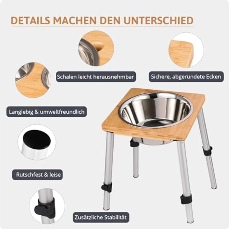 PEGGY11 Edelstahlnapf für Hunde, 3,8 L, erhöhter Wassernapf mit rutschfesten Standfüßen und verstellbarem Bambusständer für große Hunde – Bild 3