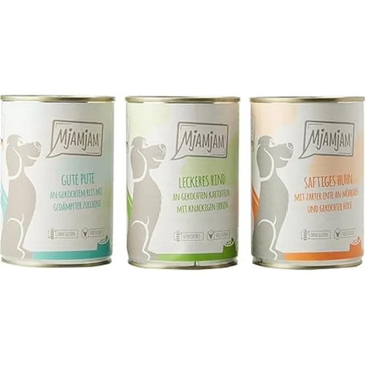MjAMjAM Premium Nassfutter für Hunde, Mixpaket I, Huhn & Ente, Rind, Pute, 6er Pack (6 x 400 g), naturbelassen, glutenfrei, mit hohem Fleischanteil – Bild 1