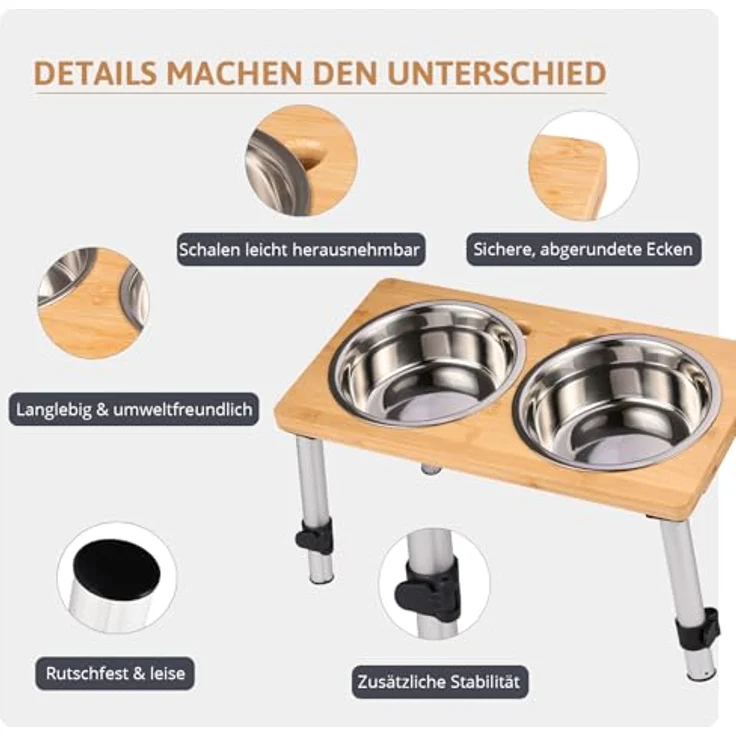 PEGGY11 Hundenäpfe Set, 2 x 1440 ml, erhöhte Edelstahlnäpfe mit rutschfestem Bambusständer für mittelgroße und große Hunde – Bild 3