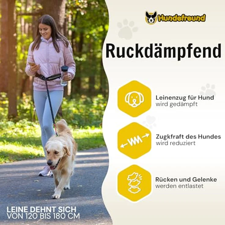 Hundefreund Joggingleine mit Bauchgurt Schwarz, Elastische Ruckdämpfende Leine für Hunde bis 70 kg, Reflektierend, Freie Hände zum Joggen Radfahren Wandern – Bild 5