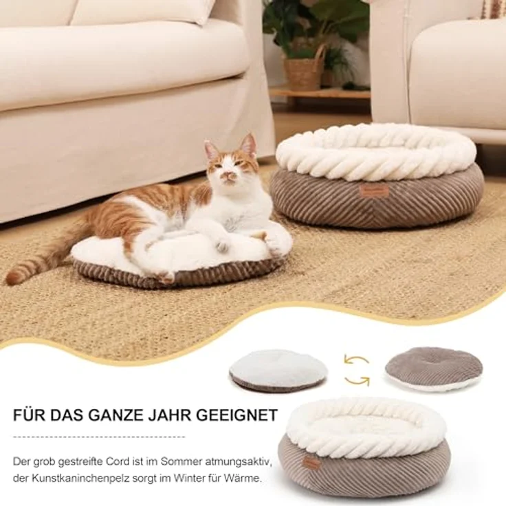 FUKUMARU Katzenbett waschbar, 55x55x21cm Katzenkorb mit erhöhtem Rand, weiches Cord, rutschfeste Unterseite, groß, kamelfarben – Bild 5