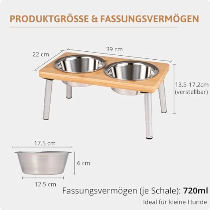 PEGGY11 Edelstahlnäpfe für Hunde, 2er Set, erhöhte rutschfeste Futternäpfe mit Bambusständer, 720 ml, für kleine und mittelgroße Hunde – Bild 2
