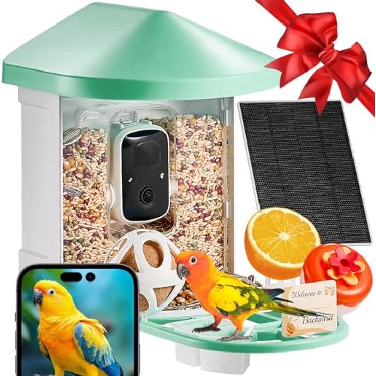 VEVOR Vogelfutterhaus mit 2K HD Kamera, KI Vogelerkennung für über 10.000 Vogelarten, solarbetrieben, automatische Aufnahme, grünes Design, inkl. 1 Solarmodul – Bild 1