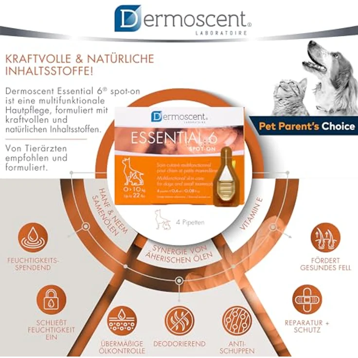 Dermoscent Essential 6 Spot-On, 4 x 0,6 ml, Juckreizmittel für kleine Hunde, Katzen und Kleintiere, Hält Haut gesund mit Vitamin E, Mühelose Anwendung – Bild 4