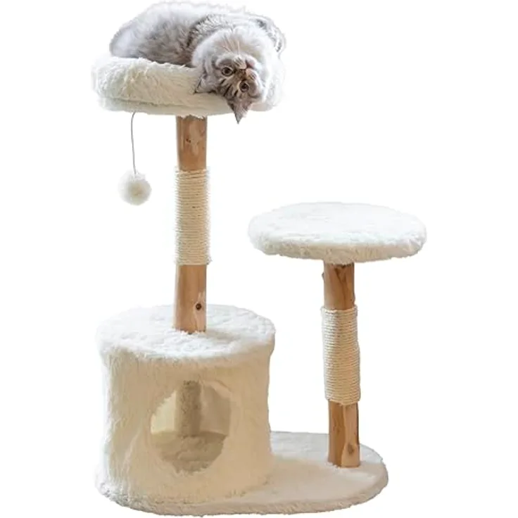 Kerbl Pet Kratzbaum Lucia, weiß, 90 cm, aus Birnenholz mit flauschigen Liegeflächen und Sisalstämmen, inkl. Spielball