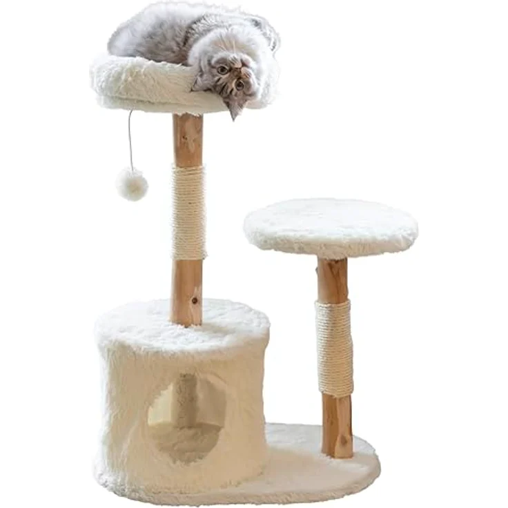 Kerbl Pet Kratzbaum Lucia, weiß, 90 cm, aus Birnenholz mit flauschigen Liegeflächen und Sisalstämmen, inkl. Spielball – Bild 1