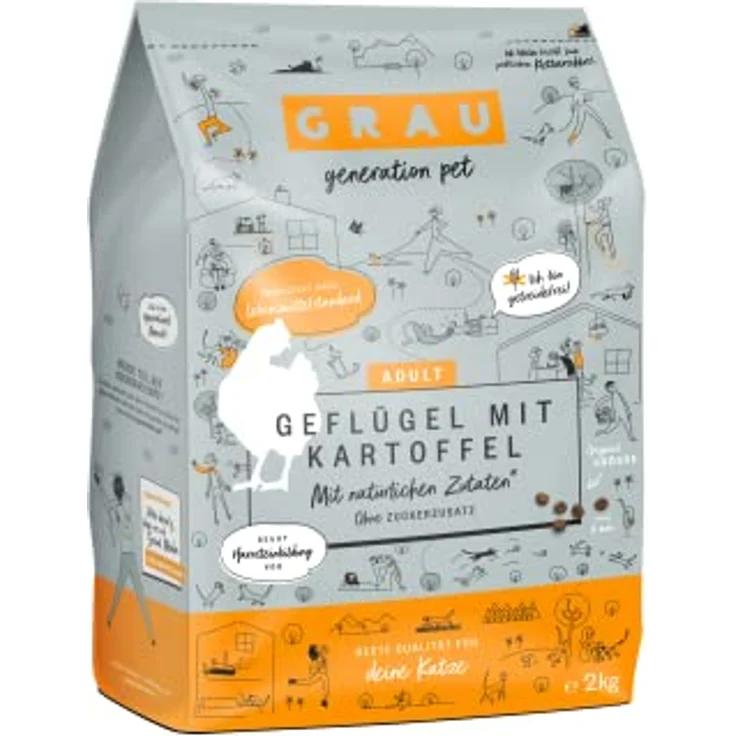 GRAU – das Original Trockenfutter für Katzen, Geflügel mit Kartoffel, getreidefrei, 2 kg, für Erwachsene Katzen – Bild 1