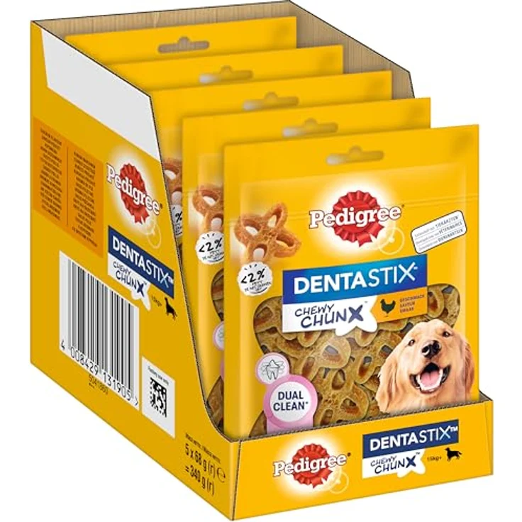 Pedigree Dentastix Chewy Chunx Zahnpflegesnacks für große Hunde, mit Huhn, Dual Clean, 5x68g – Bild 1