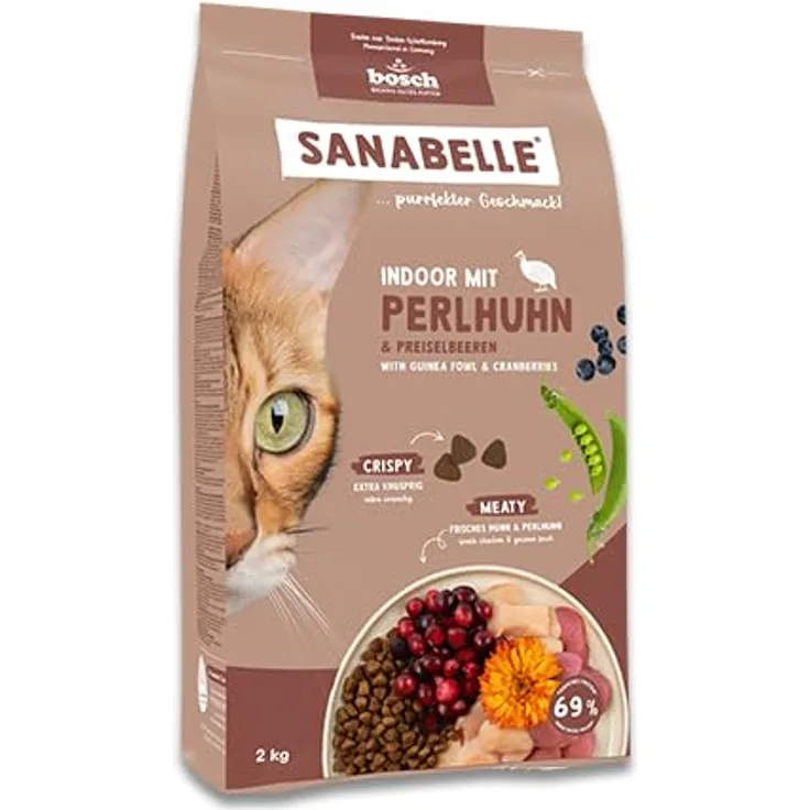 Sanabelle Trockenfutter Katze, Adult Indoor mit Perlhuhn, 8 kg – Vollnahrung für Hauskatzen mit extratierischen Proteinen, ohne Zucker und künstliche Zusatzstoffe