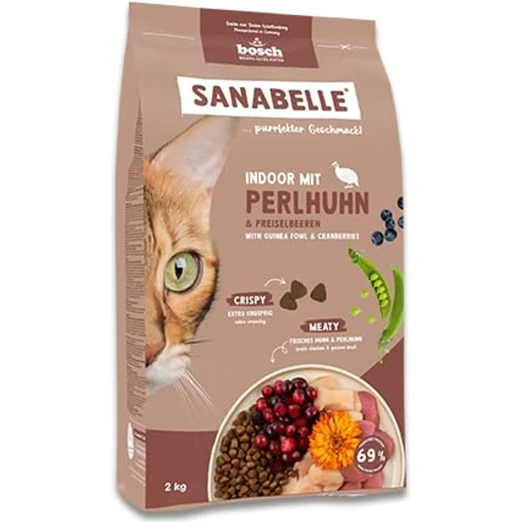Sanabelle Trockenfutter Katze, Adult Indoor mit Perlhuhn, 8 kg – Vollnahrung für Hauskatzen mit extratierischen Proteinen, ohne Zucker und künstliche Zusatzstoffe – Bild 1