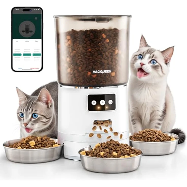 Vacqueen Futterautomat Katze mit APP, 6L, 25 Tassen, 3 Näpfe, Anti-Verstopfungssystem, 10-S Stimmaufnahme, 2.4G WiFi – Bild 1
