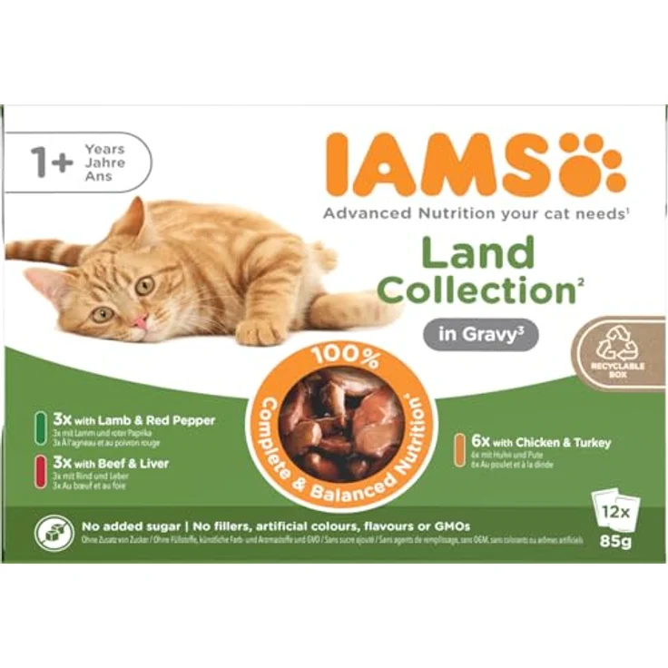 IAMS Delights Land Collection Katzenfutter Nass, Multipack mit Lamm, Rind, Huhn & Pute in Sauce, 12 x 85g, für Katzen ab 1 Jahr – Bild 1