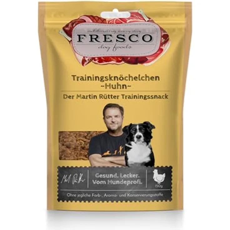 FRESCO Dog Martin Rütter Trainingsknöchelchen Huhn, 150g, zuckerfreie Hundesnacks aus 92% frischem Geflügelfleisch, ideal für Training und Belohnung, Monoprotein-Snack ohne künstliche Zusätze