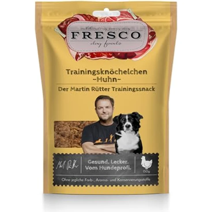 FRESCO Dog Martin Rütter Trainingsknöchelchen Huhn, 150g, zuckerfreie Hundesnacks aus 92% frischem Geflügelfleisch, ideal für Training und Belohnung, Monoprotein-Snack ohne künstliche Zusätze – Bild 1