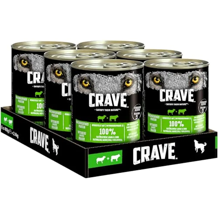 Crave Adult 6 x 400 g Hunde-Nassfutter, Lamm und Rind, proteinreich und ohne Zuckerzusatz
