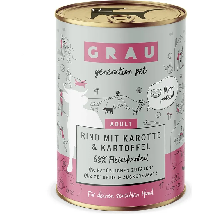Grau Rind mit Karotte und Kartoffel, Hunde-Nassfutter ohne Getreide, 6x400g