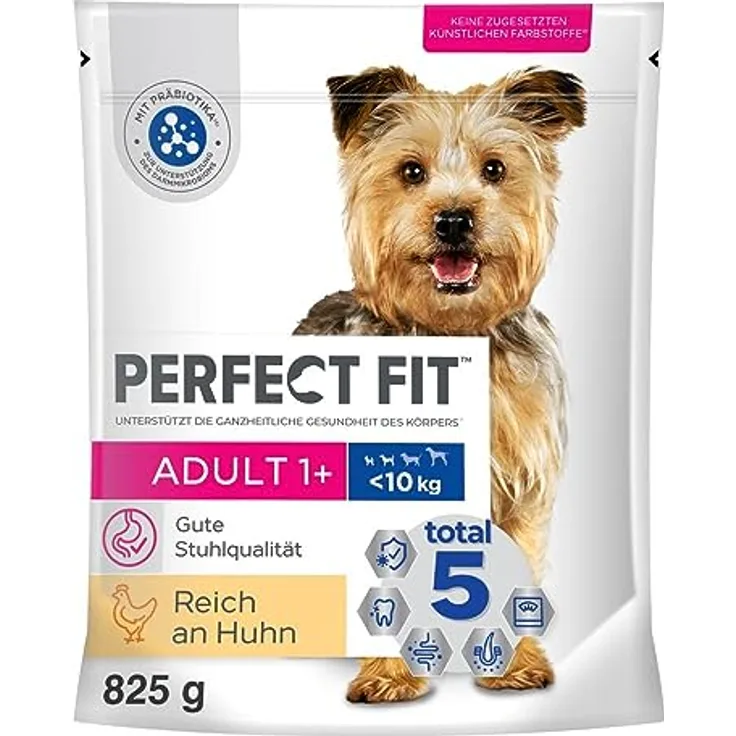 Perfect Fit Hund Adult 1+ <10kg mit Huhn, 6 x 825g, unterstützende Pflege für gesunde Haut und Fell, mit Vitamin E, Mangan und Zink