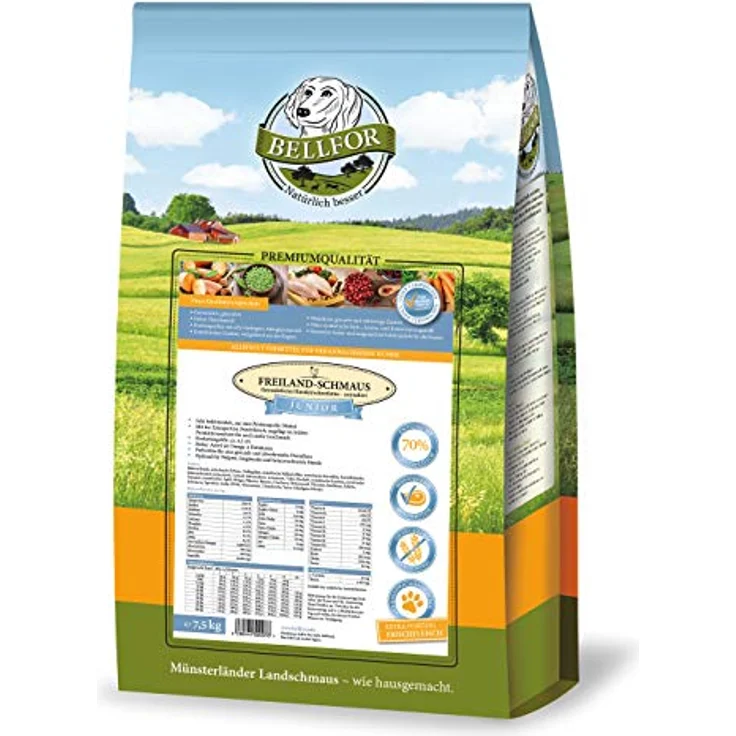 Bellfor Freiland-Schmaus Junior Trockenfutter mit Huhn, getreidefrei, für Welpen und junge Hunde, hoher Omega-3-Fettsäureanteil, 7,5 kg – Bild 1