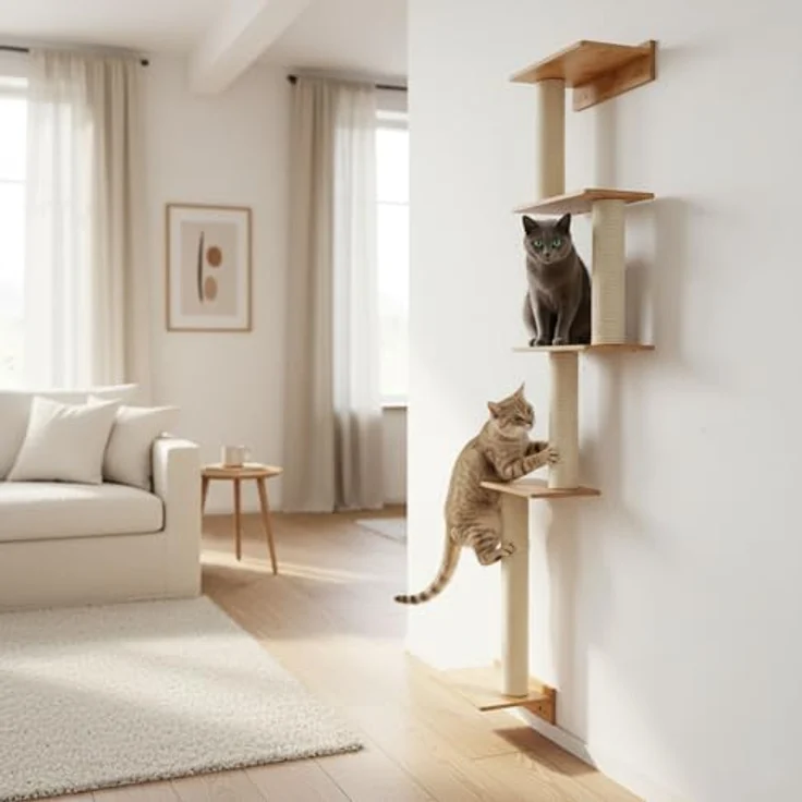 eyepower Kratzbaum zur Wandmontage Milo, 179 cm Katzenkratzbaum mit 5 Bambus Plateau, Sisalstamm, platzsparende Kletterwand für Katzen – Bild 7