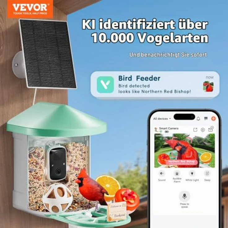 VEVOR Vogelfutterhaus mit 2K HD Kamera, KI Vogelerkennung für über 10.000 Vogelarten, solarbetrieben, automatische Aufnahme, grünes Design, inkl. 1 Solarmodul – Bild 2