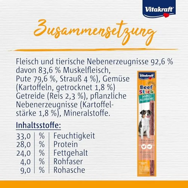 Vitakraft Beef Stick Hypoallergenic, Hundeleckerli mit Pute, Strauß, Reis und Kartoffeln, zuckerfreie Rezeptur, 50x12g – Bild 5