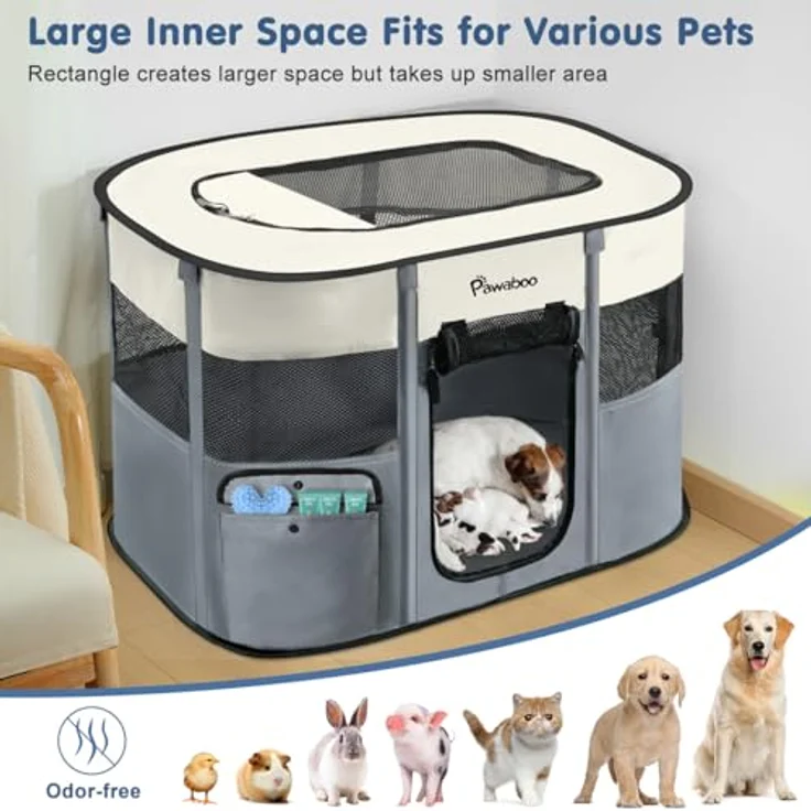Pawaboo Tragbarer Hunde-Laufstall, 81 × 61 × 56 cm, grau, aus 600D Oxford-Gewebe mit atmungsaktiven Netzeinsätzen und faltbarem Design – Bild 4