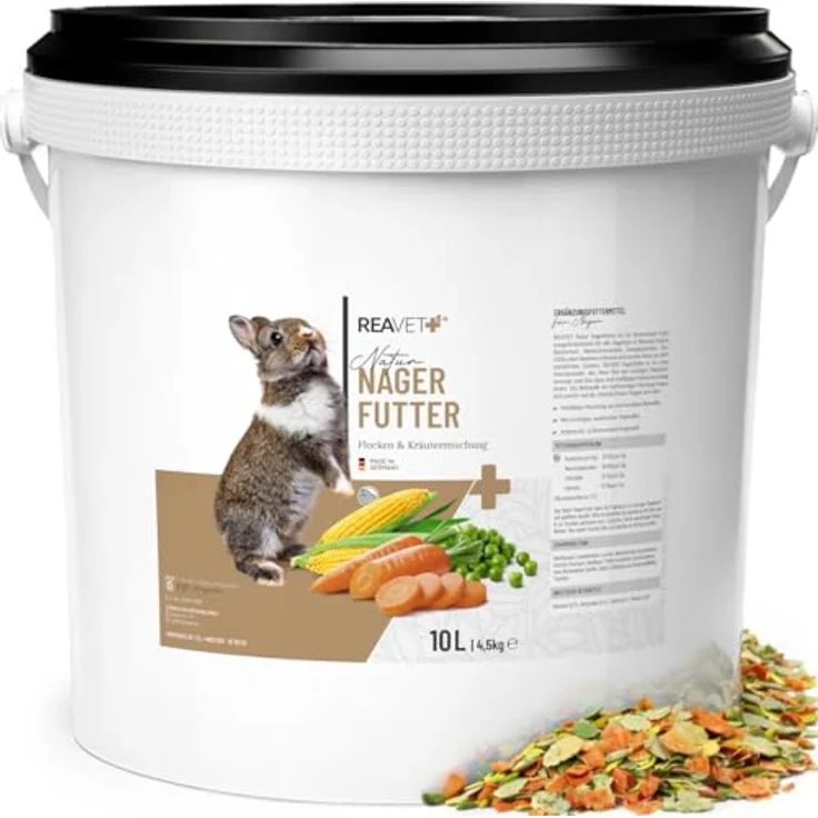 ReaVET Natur Nagerfutter 10 L – Ergänzungsfutter für Kaninchen, Meerschweinchen, Hamster & Mäuse, ohne künstliche Zusätze, mit Gemüseflocken, Kräutern & Getreide – Bild 1