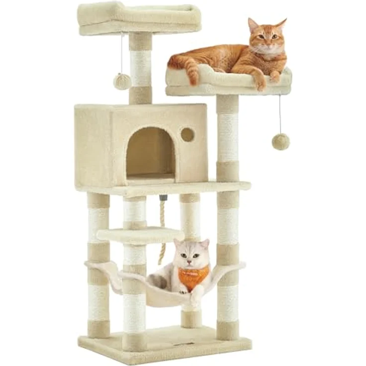 Feandrea Kratzbaum PCT215M01, 111 cm hoch, mit 7 Kratzsäulen, 2 Plattformen, 1 Höhle, 1 Hängematte, beige, Kurzflor-Plüsch, mehrstöckiges Design – Bild 1