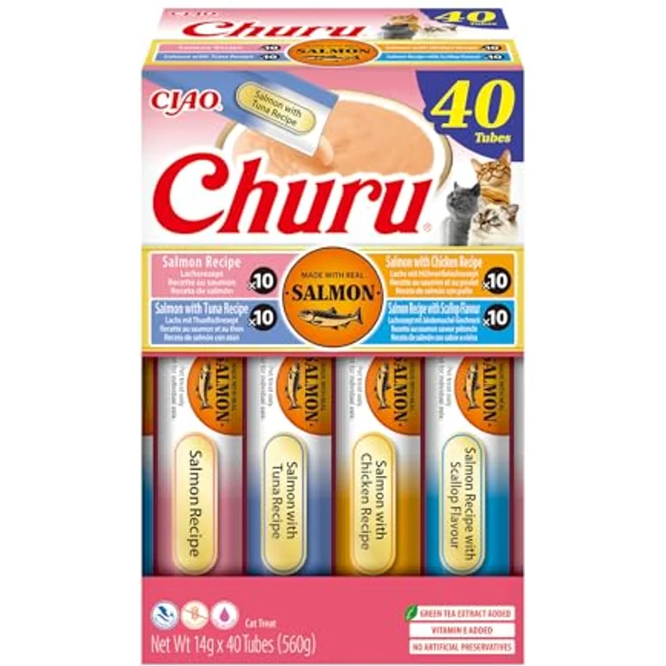 INABA Churu Salmon, Katzensnacks Variety Pack mit Lachs, Thunfisch, Huhn und Jakobsmuschel, 40 × 14 g, hoher Feuchtigkeitsgehalt, ohne Getreide – Bild 2