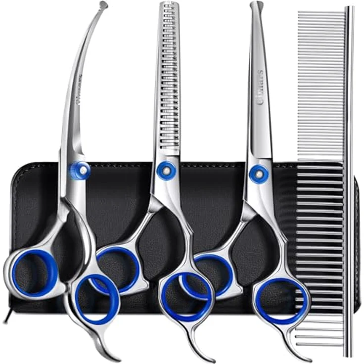 Gimars Professionelle 5-in-1 Fellschere für Hunde, 4CR mit runder Sicherheitsspitze, Titanbeschichtung, gerade, Effilierschere und gebogene Schere – Bild 1