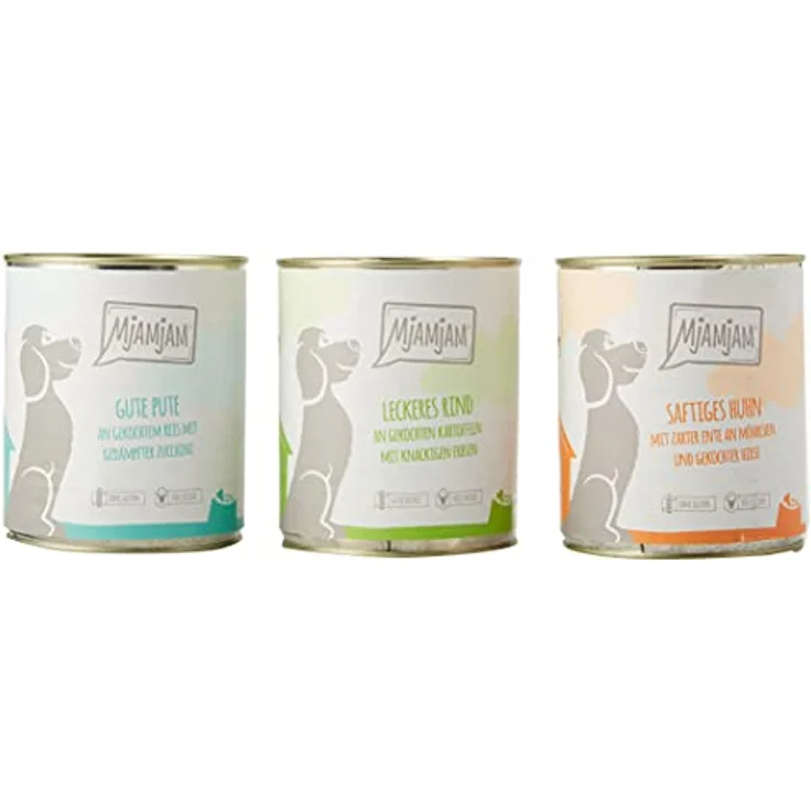 MjAMjAM Premium Nassfutter für Hunde - Mixpaket I - Huhn & Ente, Rind, Pute, 6er Pack (6 x 800 g), glutenfrei, naturbelassen mit hohem Fleischanteil – Bild 1
