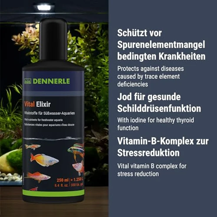 Dennerle Vital Elixir, 250 ml Wasseraufbereiter mit Vitaminen, Vitalstoffen und Spurenelementen für Fische, Jod und Aloe Vera-Extrakt – Bild 4
