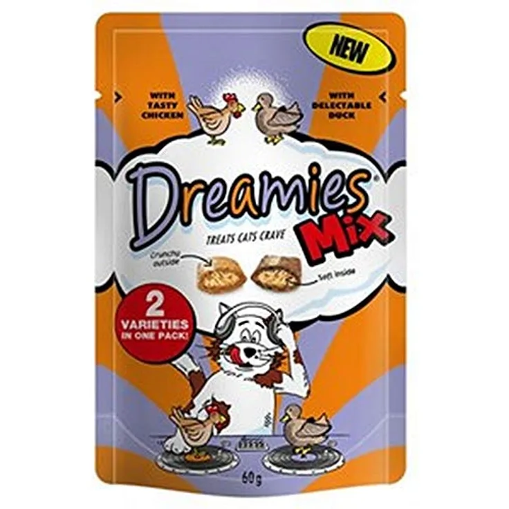 Dreamies Katzensnack Mix mit Huhn und Ente, 6er Pack (6 x 60g) - Knusprige Huhnstückchen und ausgewogene Mischung für zufriedene Katzen