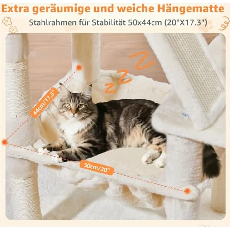 Taoqimiao 146CM Kratzbaum Groß, Stabiler Katzenbaum mit 2 Katzenhäusern, Metallhängematte, 8 Kratzsäulen und Katzenkratztafel, Beige MS026M – Bild 4