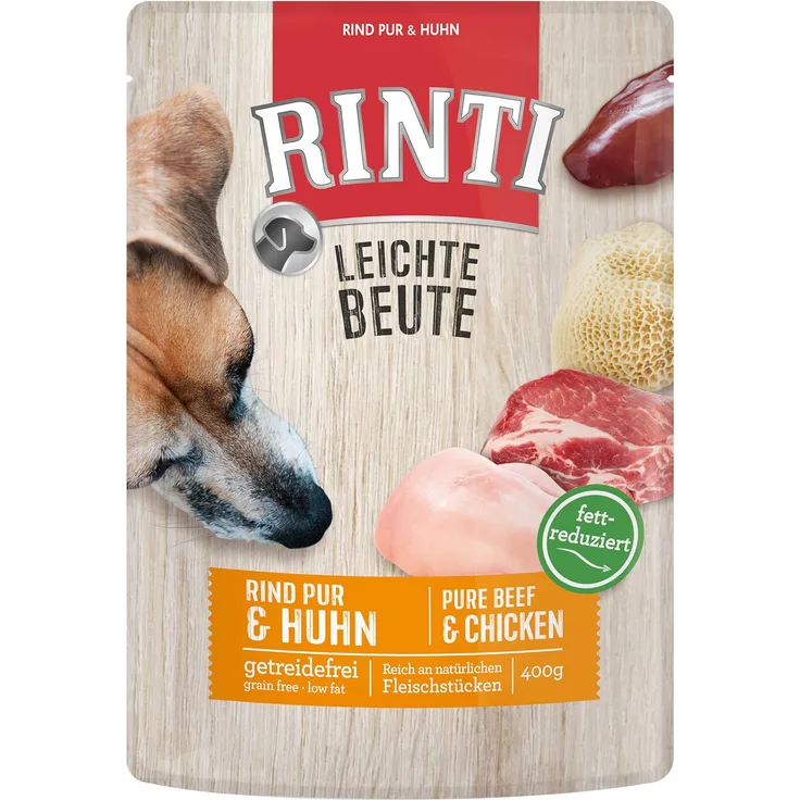 Rinti Leichte Beute, Hunde-Nassfutter 10 x 400 g, Rind Pur & Huhn, getreidefrei, wenig Fett, reich an natürlichen Fleischstücken