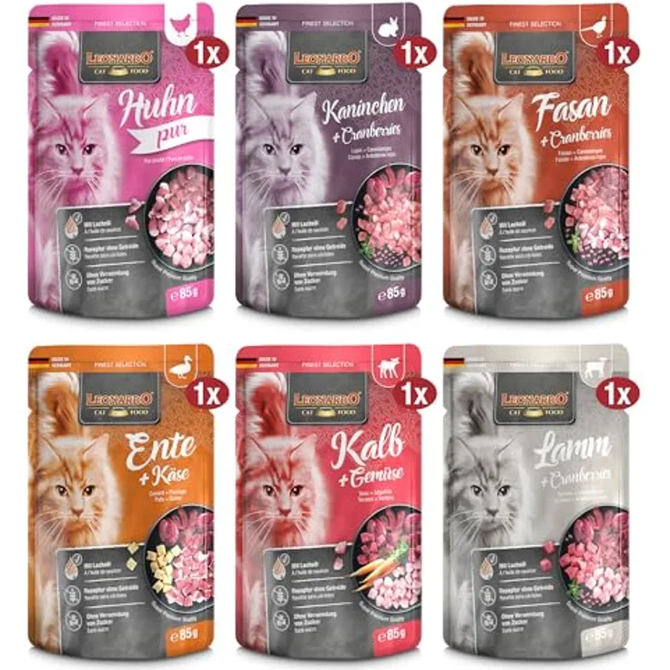 LEONARDO Finest Selection Premium Katzenfutter Mix-Pack, 6x85g Nassfutter, getreidefreie Rezeptur mit Huhn, Fasan, Kaninchen, Ente, Kalb & Lamm, für ausgewachsene Katzen, Made in Germany