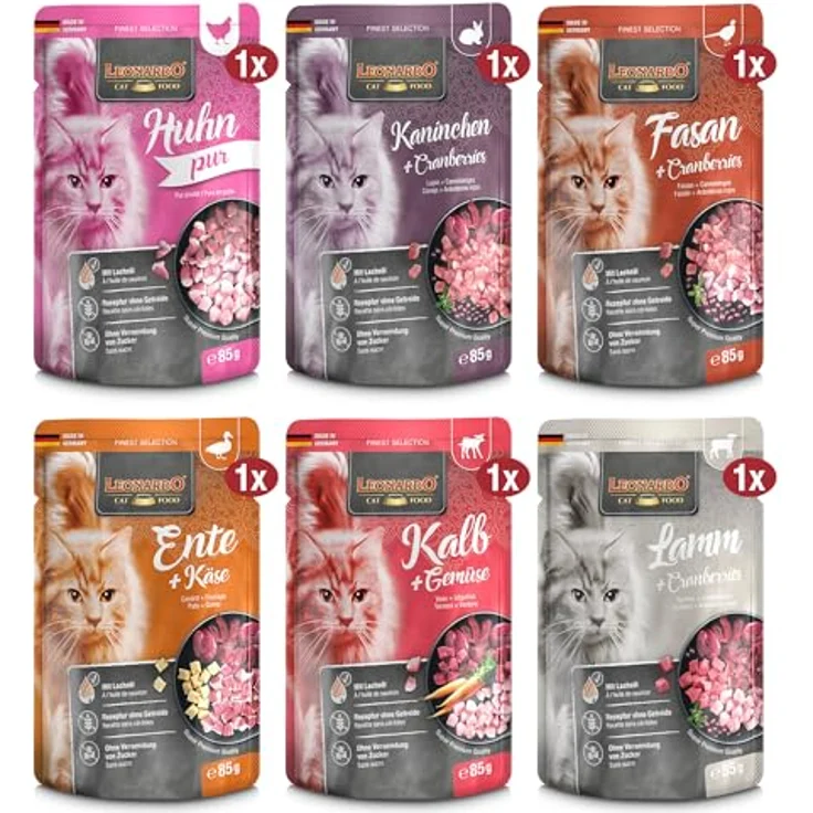 LEONARDO Finest Selection Premium Katzenfutter Mix-Pack, 6x85g Nassfutter, getreidefreie Rezeptur mit Huhn, Fasan, Kaninchen, Ente, Kalb & Lamm, für ausgewachsene Katzen, Made in Germany – Bild 1